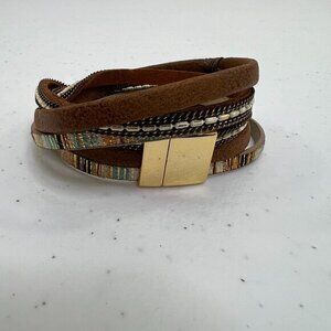 Leather Wrap Bracelet Stripe Boho Tribal Multi Strand Magnetic Rhinestone Around